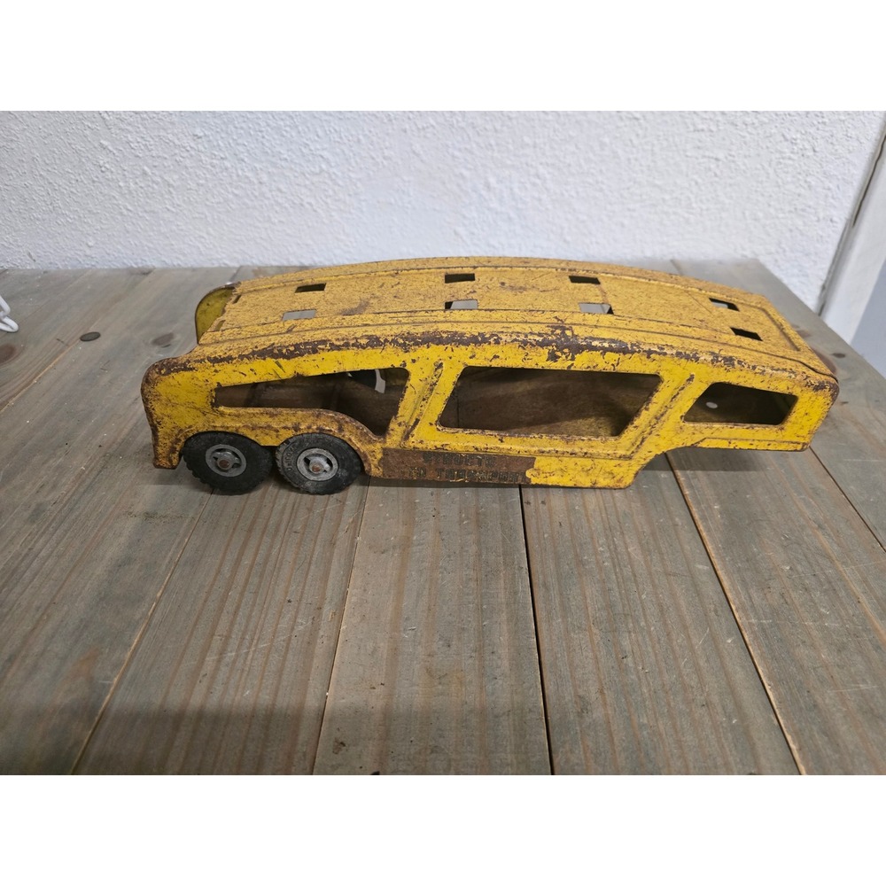 Structo Auto Transport Trailer Toy Vintage Yellow Pressed Steel Car Hauler‎